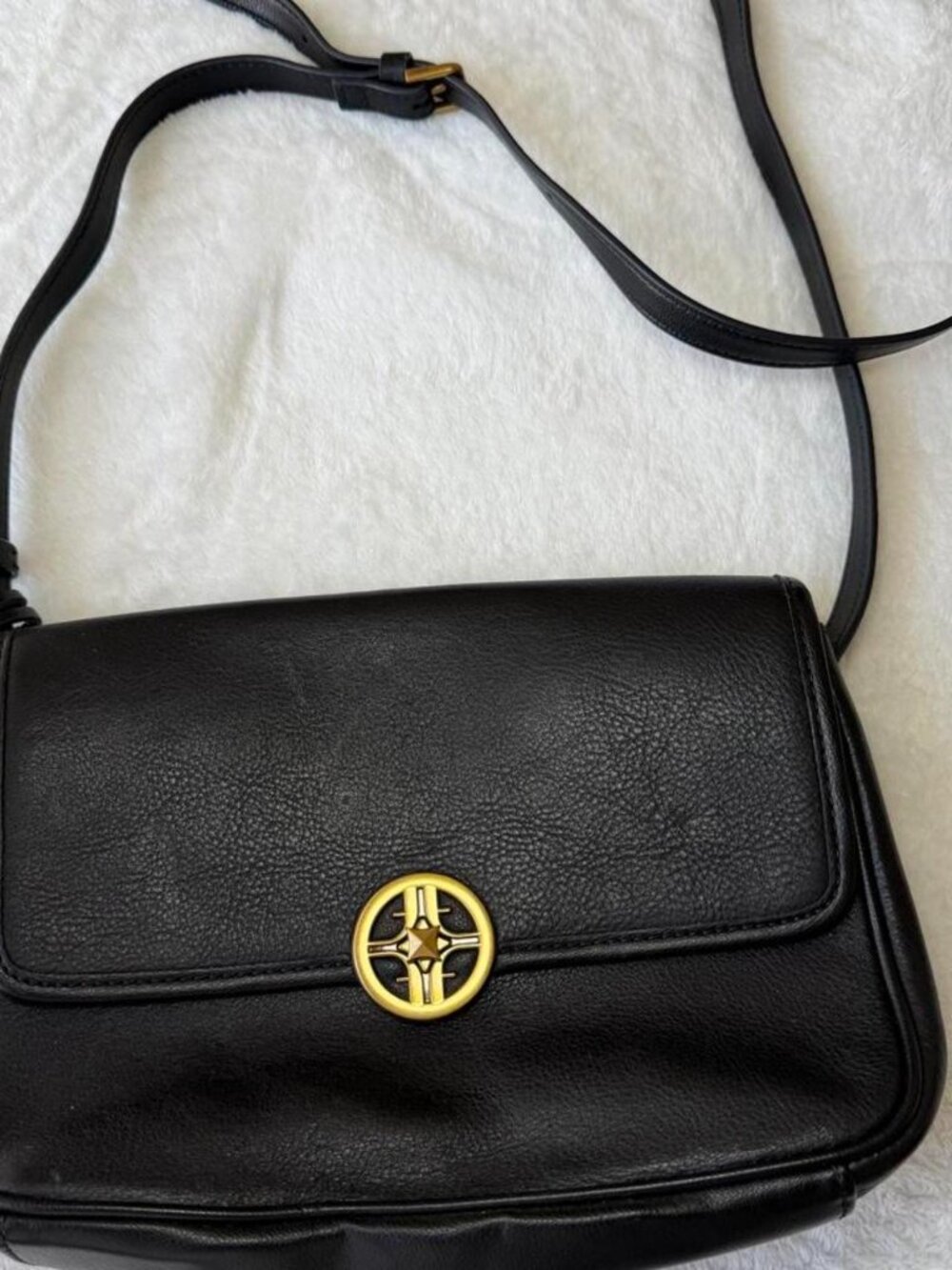 Fossil black leather crossbody bag with gold...